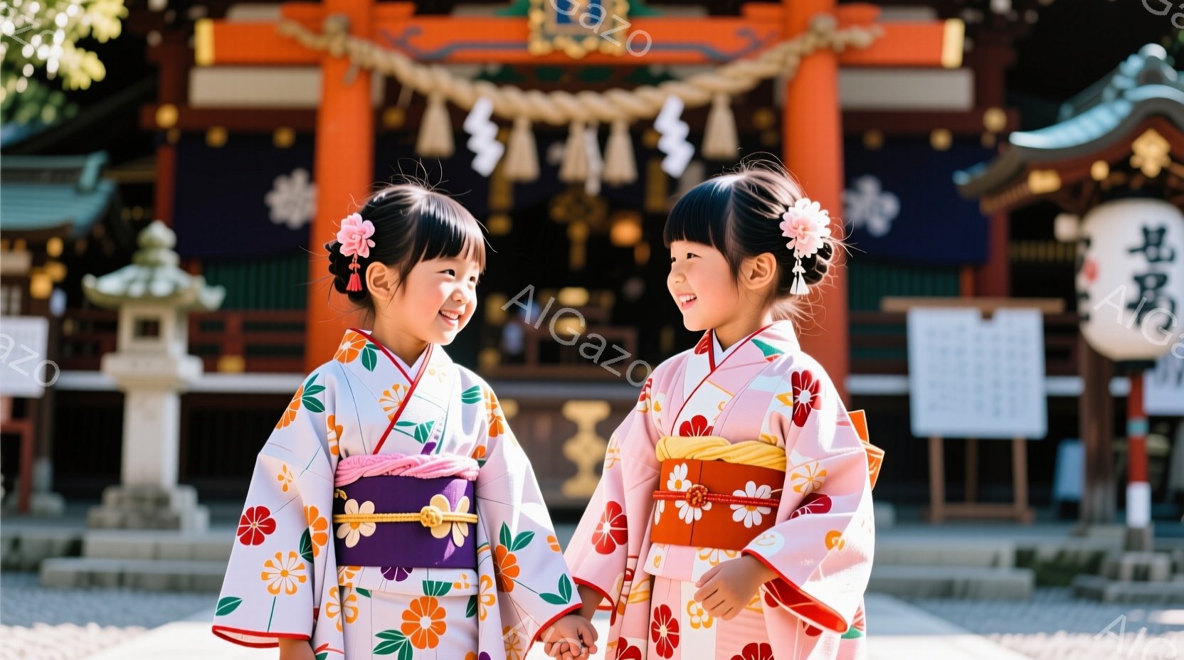 二人の幼い女の子が、鮮やかな色の着物を着て、笑顔で向き合っています。髪にはお花飾りをつけており、それぞれ紫とピンクの可愛らしい帯が締めてあります。背景には、朱色の建物と緑豊かな自然が見え、晴天の下、お祭りや参拝の賑やかな雰囲気が漂っています。