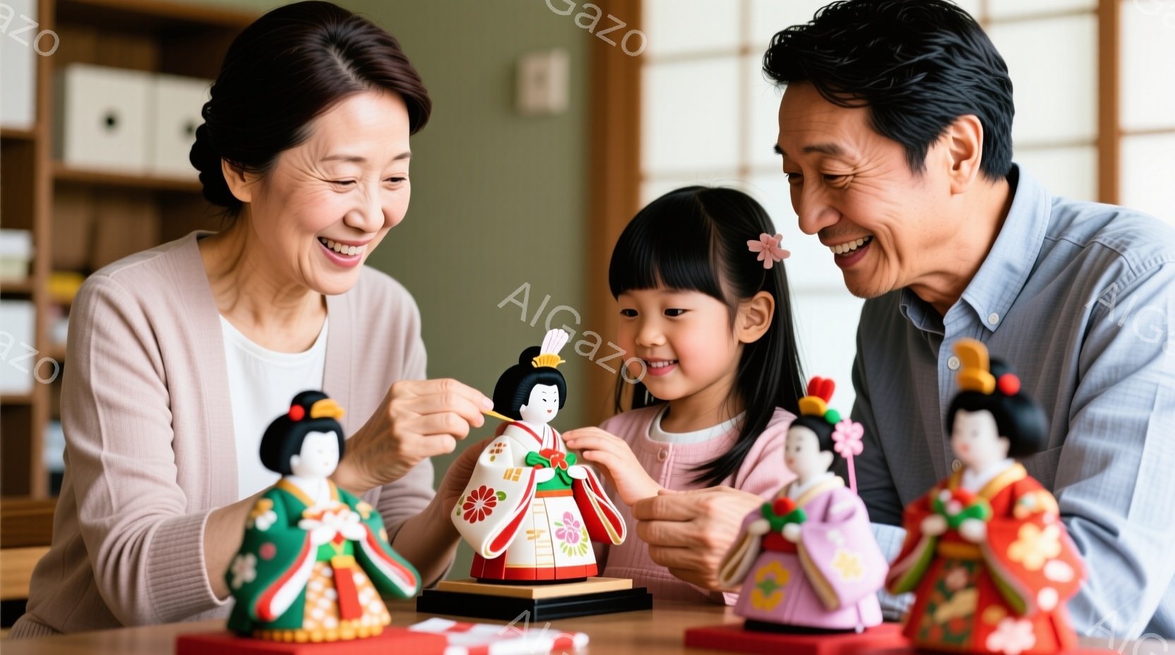 おじいちゃんとおばあちゃん、そして幼い女の子が雛人形を飾っています。女の子はピンク色のワンピースを着ており、笑顔で人形に花飾りを付けています。背景には木製の棚が見え、室内で温かく幸せな雰囲気が漂ってい - AI生成フリー素材