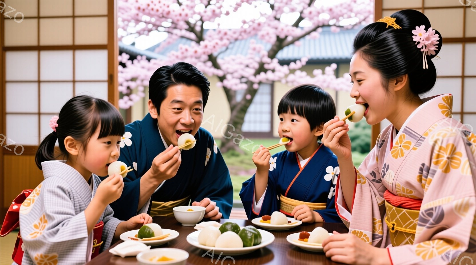 家族が伝統的な和装で食卓を囲んでいる。母親は髪をまとめ、かんざしをつけており、笑顔で団子を口にしている。背景には美しい桜並木が見え、春の暖かな日差しが差し込み、家族の温かい雰囲気を引き立てている。 - AI生成フリー素材