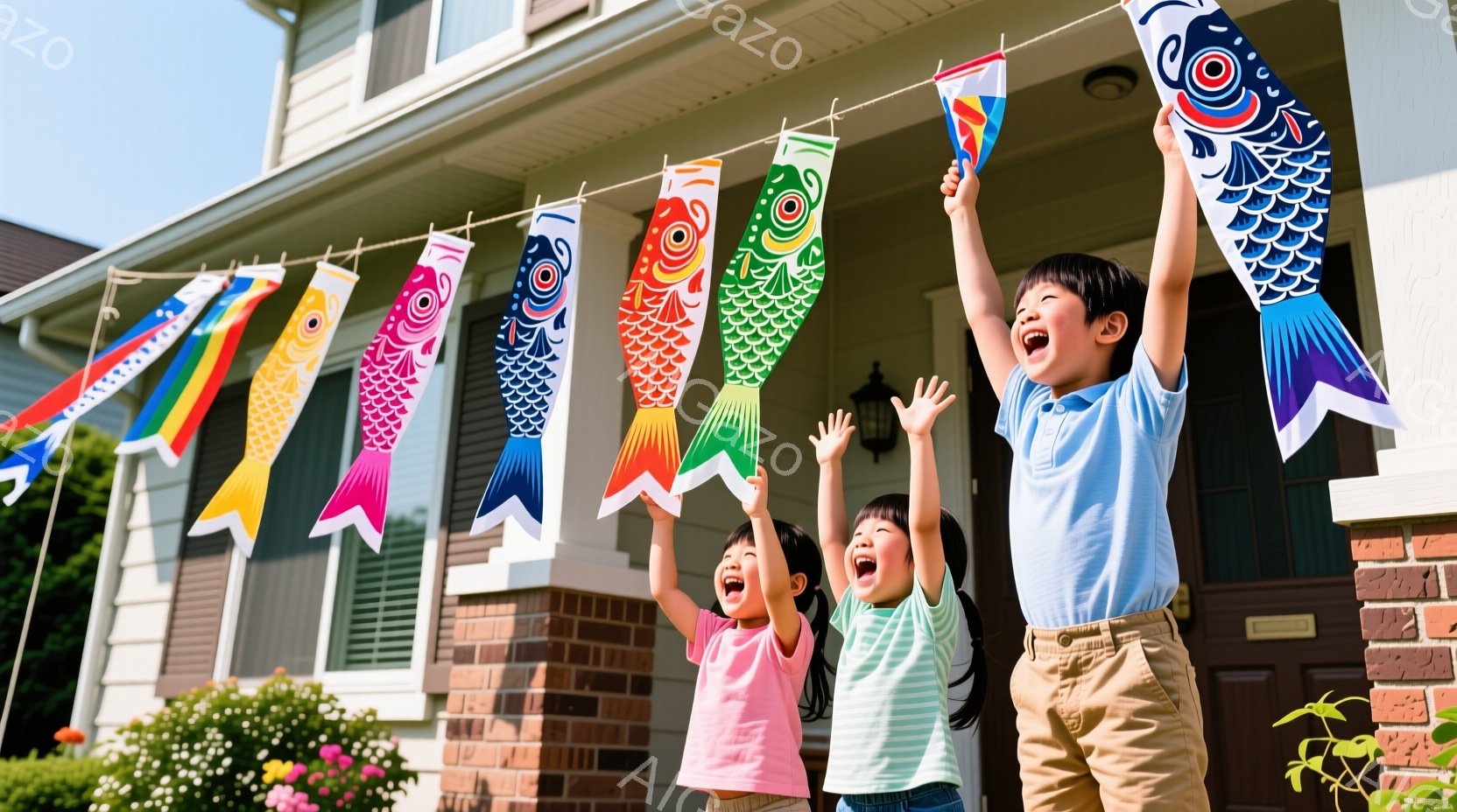 鯉のぼりが飾られた家の前で、二人の子供たちが両手を高く上げて歓声をあげています。男の子はベージュ色のズボンに水色のシャツを着ており、女の子はピンク色のシャツを着ています。背景にはレンガ造りの家と青空が広がり、春の暖かく明るいお祭り気分が伝わってきます。