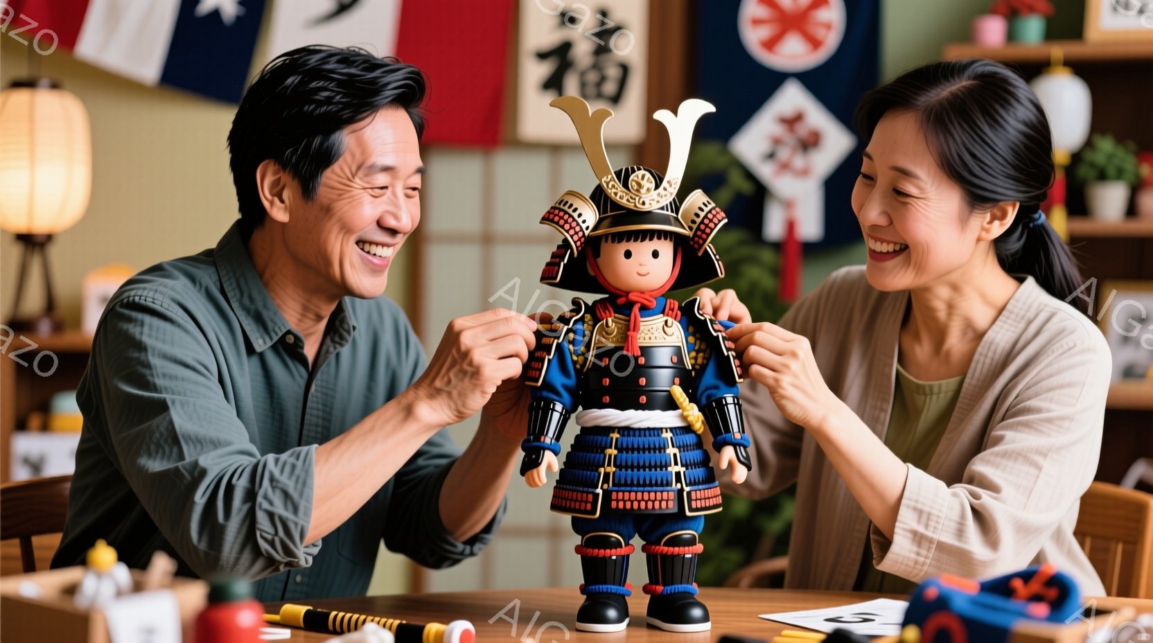 笑顔の夫婦が、五月人形の鎧を調整している様子が写っている。夫は濃い青色のシャツを着ており、妻はベージュ色のセーターを着ている。背景には、畳の部屋、武者絵、そしておもちゃが写っており、子供の成長を祝う温かい家庭的な雰囲気が漂っている。