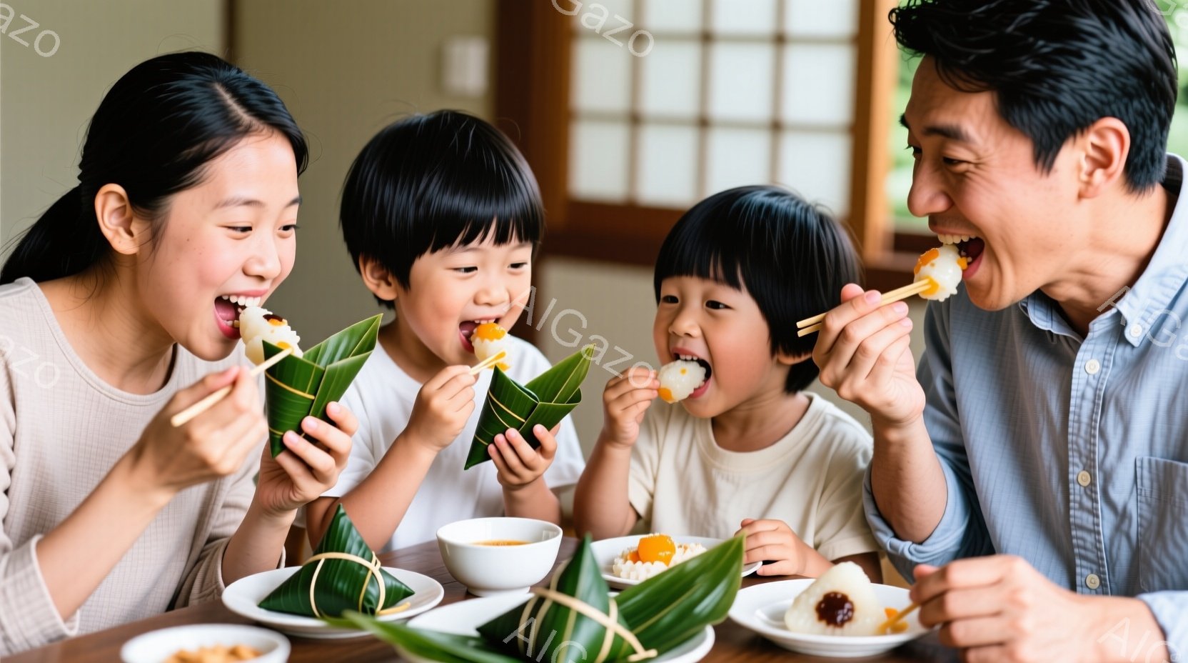 家族四人が、それぞれ竹の葉に包まれたお菓子を箸で頬張っている様子が写っている。母親と子供たちは白いシャツを着ており、父親は水色のシャツを着ている。背景には木製のテーブルと、お菓子が盛り付けられた皿が並び、温かく家庭的な雰囲気が漂っている。