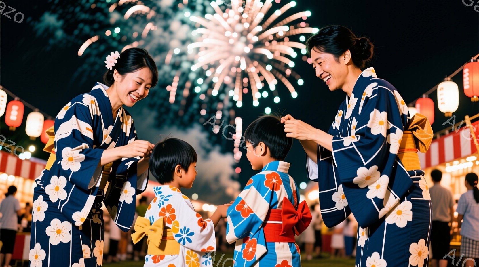 浴衣を着た女性二人が、浴衣を着た幼い男の子二人と対面している様子が写っています。女性たちは笑顔で、子供たちと何か話しているようで、楽しそうな雰囲気です。背景には、提灯が飾られた屋台が並び、夜空には花火 - AI生成フリー素材