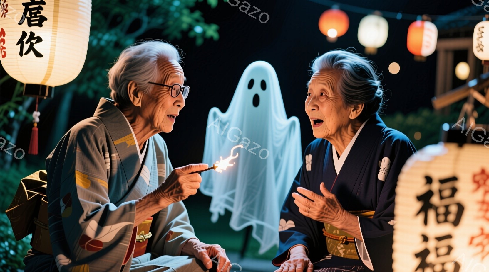 着物を着た二人の高齢の女性と、その間に浮かぶ幽霊が写っています。一人は眼鏡をかけ、片手に火を灯した線香のようなものを持っており、もう一人は驚いた表情で幽霊を見ています。背景には、提灯が灯る日本の伝統的 - AI生成フリー素材