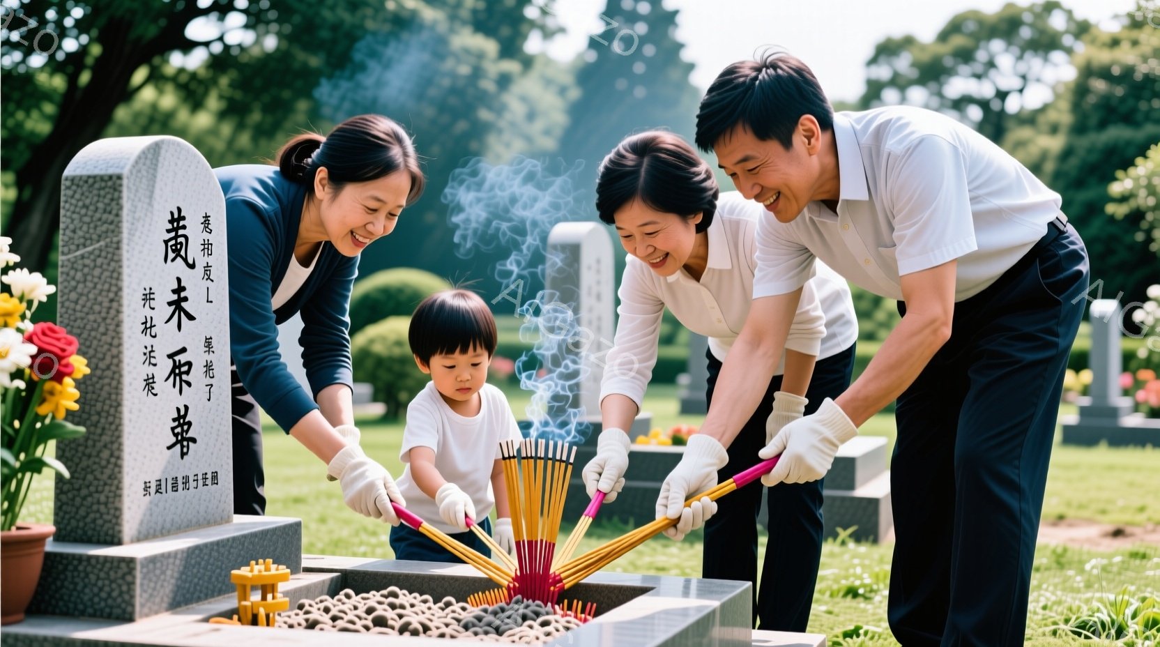 日本の戦没者の墓を訪れる家族が花火を点火するシーンを描いています。人物は祖先への敬意と慰霊のために花火を上げています。父親、母親、子供で構成される家族が集まっており、祖先の墓を守るために手を取り合わせています。背景は日本の伝統的な墓地であり、美しい日本式の庭園が見えます。雰囲気は深い敬意と思いやる涙のこもった空間です。