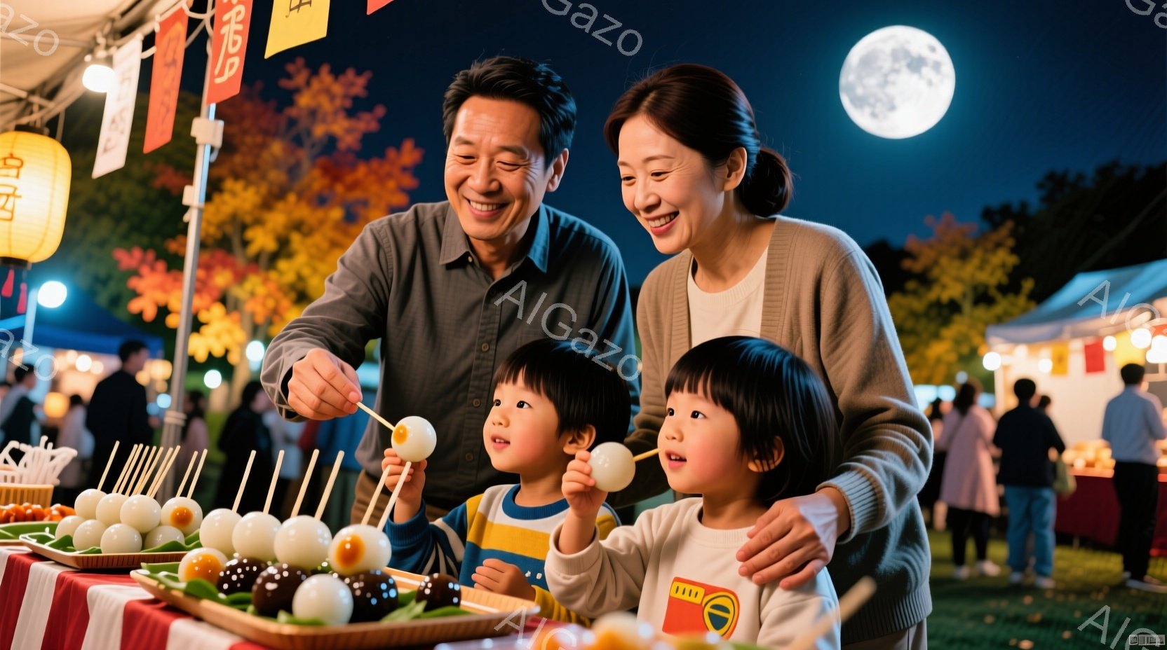 夜祭りの賑やかな風景の中で、中年夫婦と二人の幼い子供たちが団子を食べている。母親は明るい笑顔で子供の一人に団子を差し出しており、父親もまた優しく子供を見守っている。背景には屋台が並び、多くの人々が楽しんでいる様子が伺え、暖かい光と活気溢れる雰囲気が感じられる。