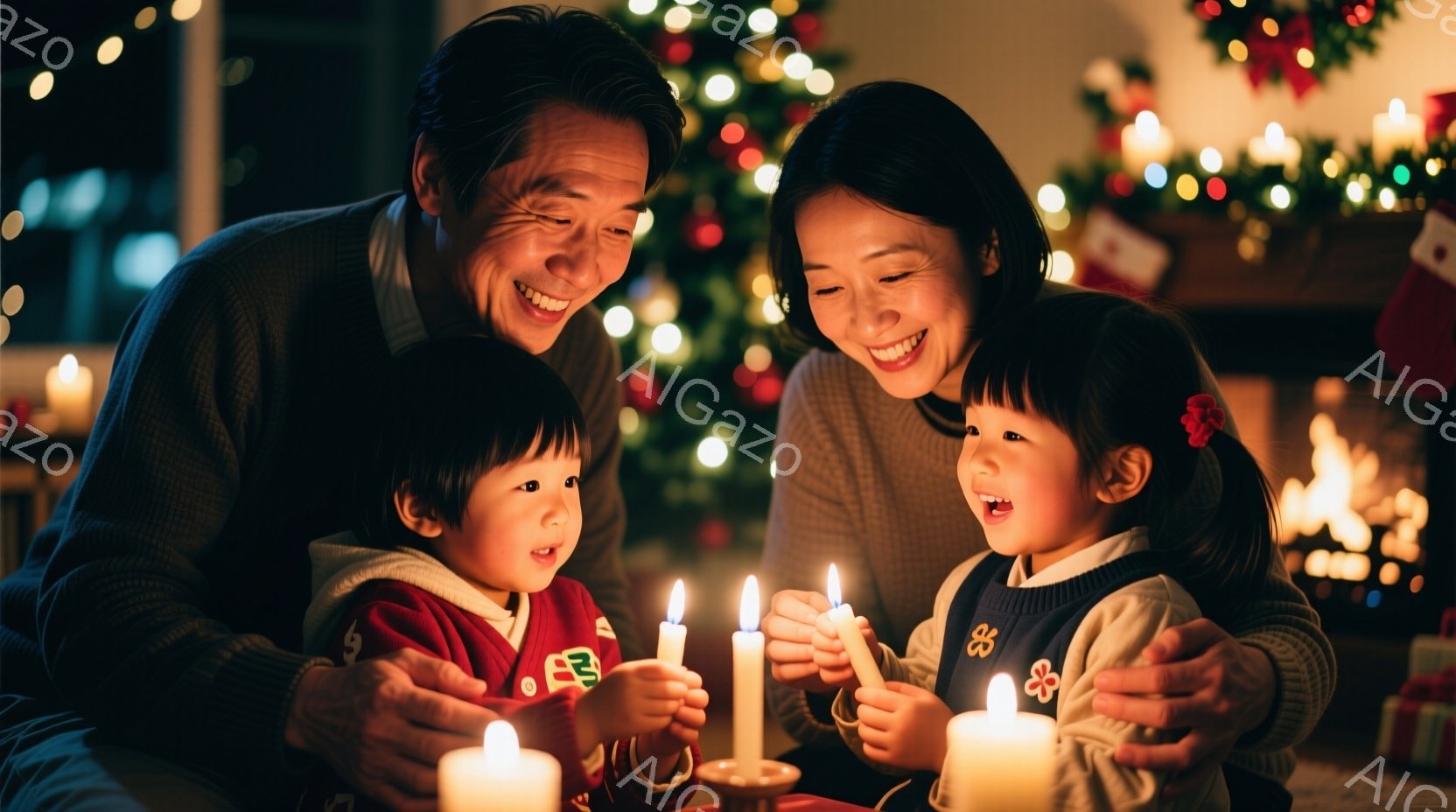 暖炉の前で、笑顔の家族がキャンドルを見つめている。父親は赤いセーターを着て、息子が手に持ったキャンドルの火を見守り、母親は白いニットを着て、娘が手に持ったキャンドルを優しく見守っている。背景にはクリス - AI生成フリー素材