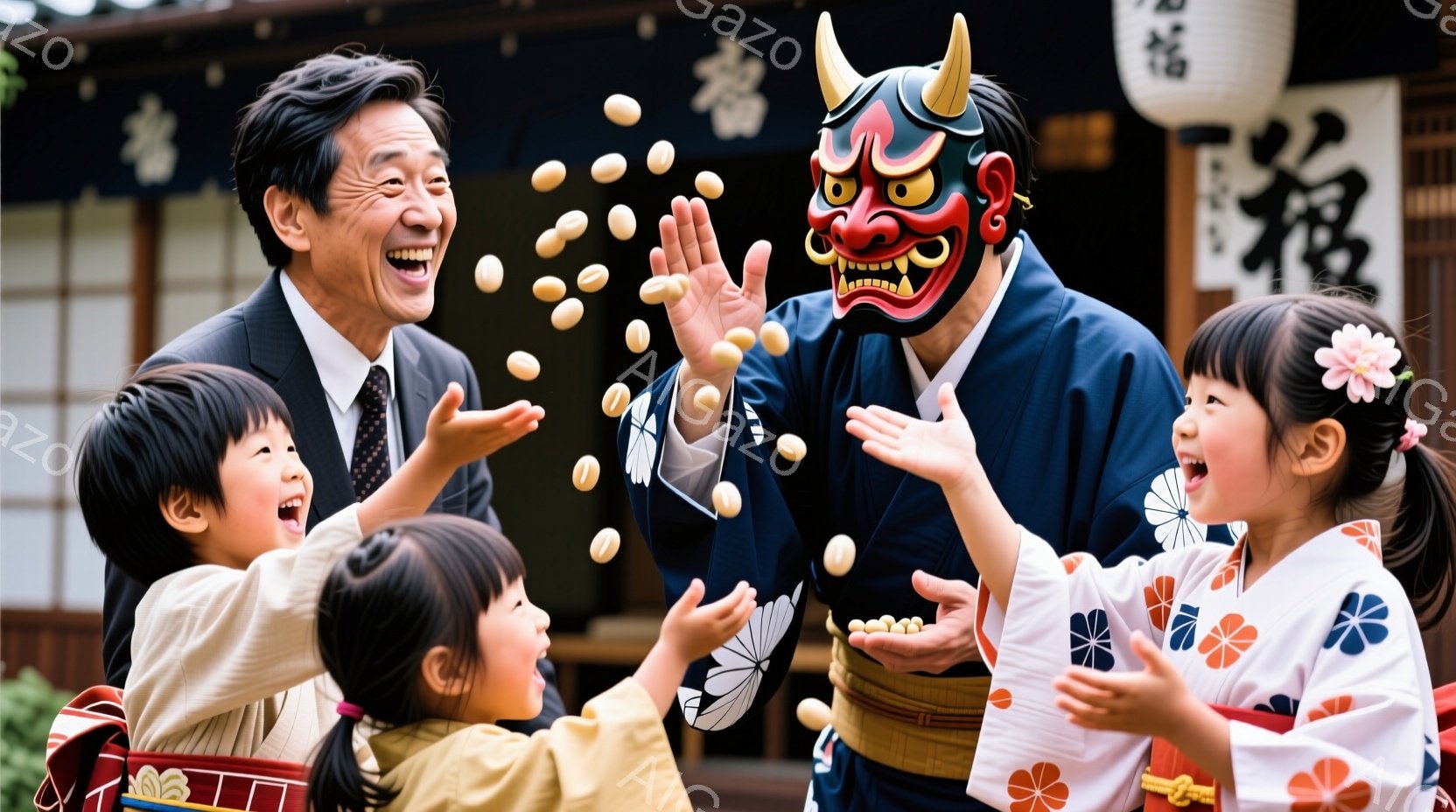 笑顔の男性と、天神様の格好をした男性に囲まれて、小さな女の子たちが豆を投げている様子が写っています。女の子たちは鮮やかな色の着物を着ており、髪には花飾りをつけています。背景には木造の建物が見え、晴れた - AI生成フリー素材