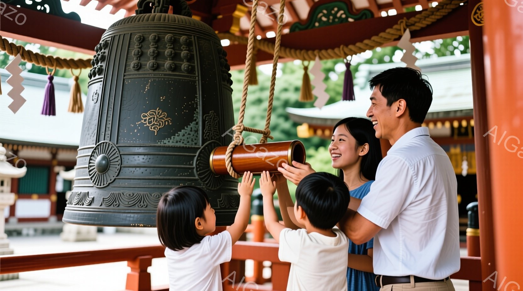 寺院の鐘の前で、両親と二人の子供が写っている写真です。母親は白いシャツにジーンズ、父親は白いポロシャツにベージュのズボンを着用し、子供たちは白いTシャツを着ています。笑顔で鐘を撞く準備をしている様子で - AI生成フリー素材