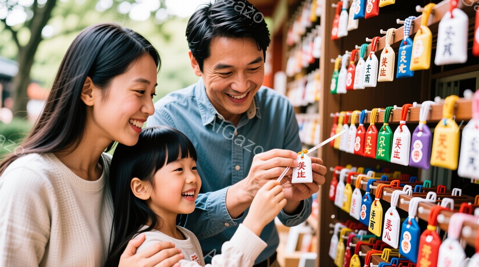 幼い女の子と父親が、寺院や神社でよく見られる絵馬を選んでいます。父親は笑顔で絵馬を指し示し、娘は嬉しそうにそれを見上げています。背景には、様々な絵馬が並び、穏やかな日差しが差し込む、温かい雰囲気の画像です。