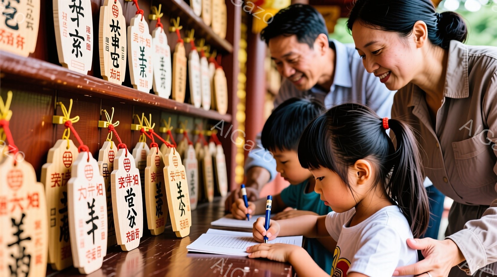 家族が寺院または神社の絵馬にメッセージを書き込んでいます。母親は緑色のシャツを着ており、娘はピンク色のシャツを着て、集中して絵馬に書き込んでいます。背景には、多くの絵馬が吊るされており、家族は伝統的な日本の宗教施設で願い事を書いている様子がわかります。