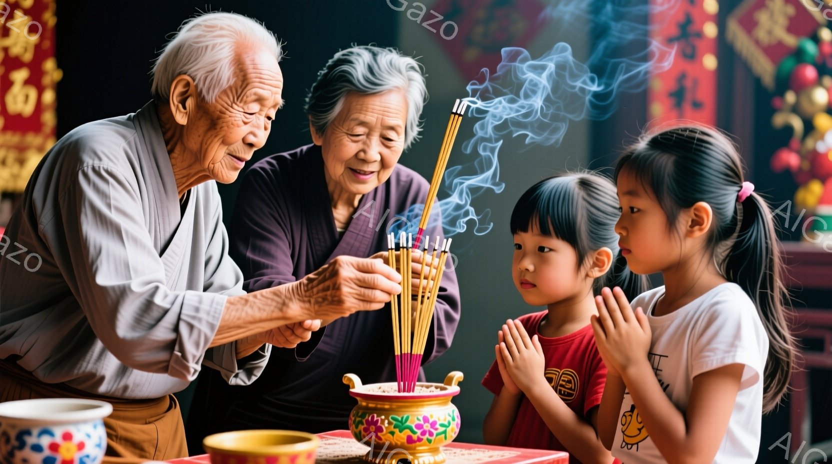 年配の夫婦が、幼い女の子と一緒に線香を供えている様子が写っている。おじいさんはピンク色のシャツを着ており、おばあさんは紫色の服を着て、二人とも穏やかな表情をしている。女の子は両手を合わせて祈るような姿勢で、線香の煙が立ち上る中、敬虔な雰囲気が漂う。