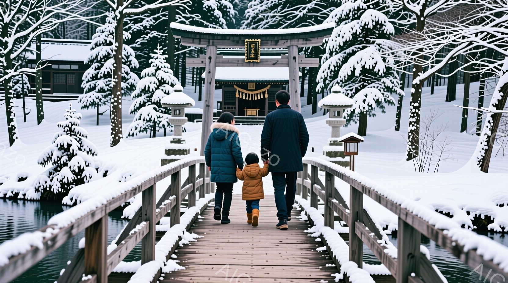 雪深い冬の風景の中に、親子の後ろ姿が描かれています。母親は濃い青色のダウンジャケット、子供はオレンジ色のダウンジャケットを着ており、雪景色の中を木橋を歩いています。背景には雪を頂いた建物と木々があり、全体的に静かで温かい雰囲気です。