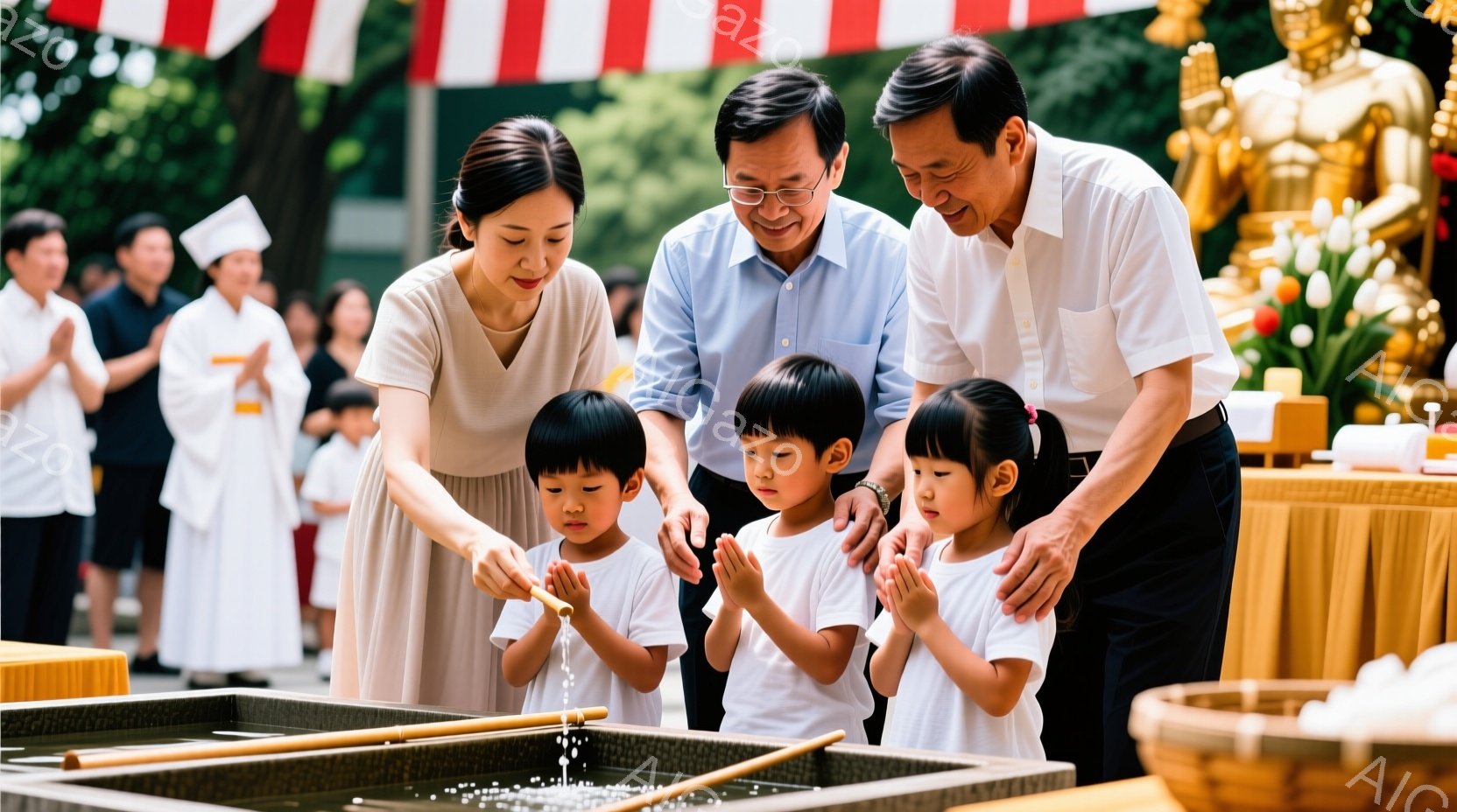 家族が手水舎で手洗いをしています。母親は薄茶色のワンピースを着ており、父親は青いシャツを着ています。子供たちは皆白いTシャツを着ており、真剣な表情で両手を合わせて水を汲んでいます。