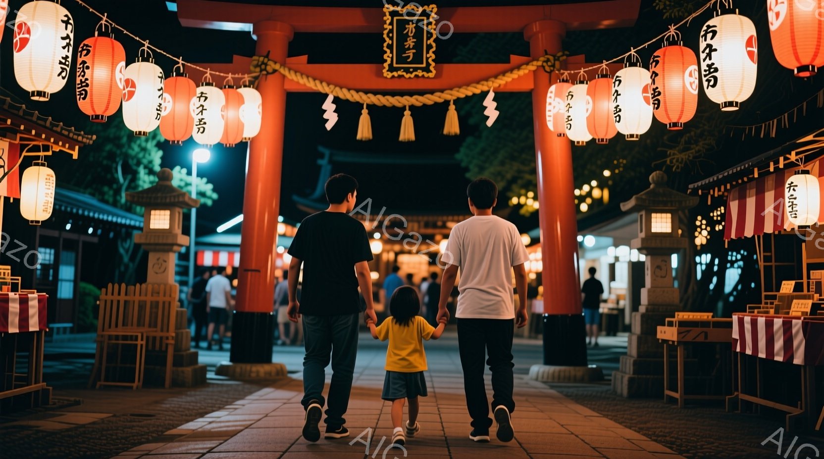 赤い鳥居が連なる参道の中を、大人二人と子供一人が歩いている。大人は黒と白のTシャツを着ており、子供は濃い青色のワンピースを着ている。夜間の撮影で、鳥居には提灯が灯り、周囲は多くの参拝者で賑わっている様子が伺える。