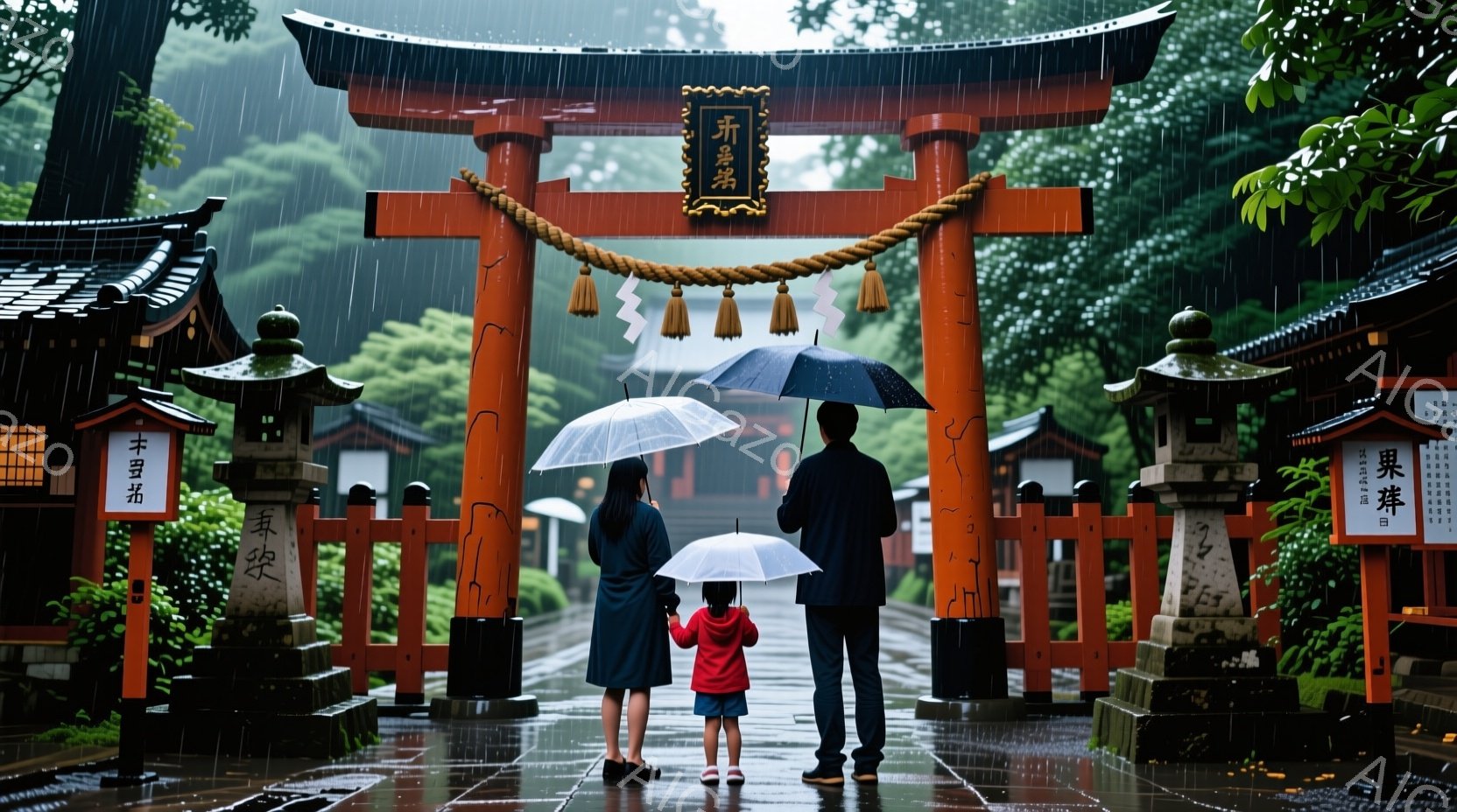 鮮やかな朱色の鳥居が雨の中にそびえ立ち、その前に一組の家族が傘を差して立っている。母親は黒いコートを着ており、娘は赤い服を着ている。背景には緑豊かな木々が広がり、雨の雫が景色をより一層ドラマチックにしている。