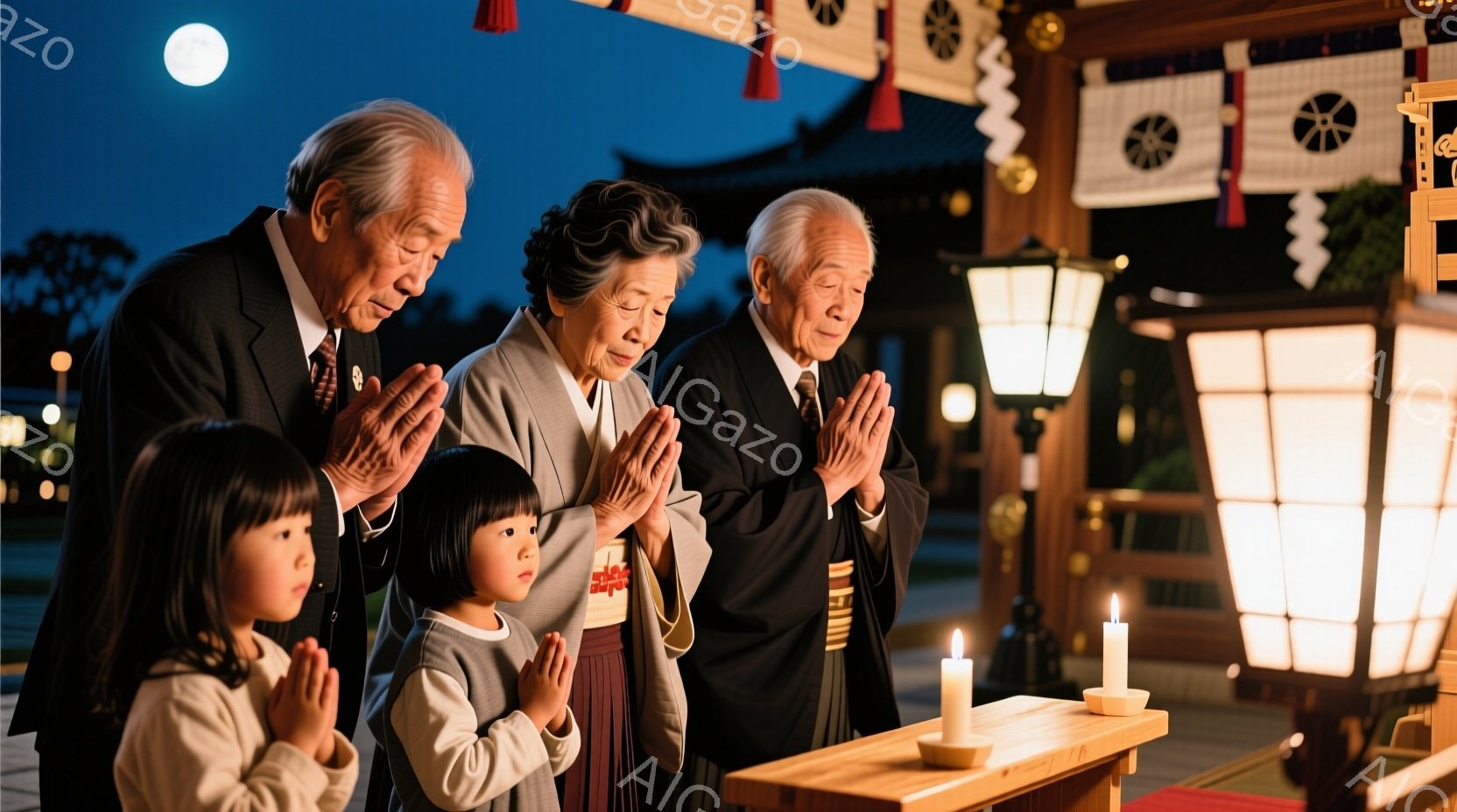 浅い夜空の下、着物やスーツを着た四世代の家族が、寺院の前に集まって両手を合わせ祈りを捧げています。年配の男性は黒いスーツ、女性は上品な着物を着用し、子供たちはそれぞれカジュアルな服装ですが、皆敬虔な表 - AI生成フリー素材