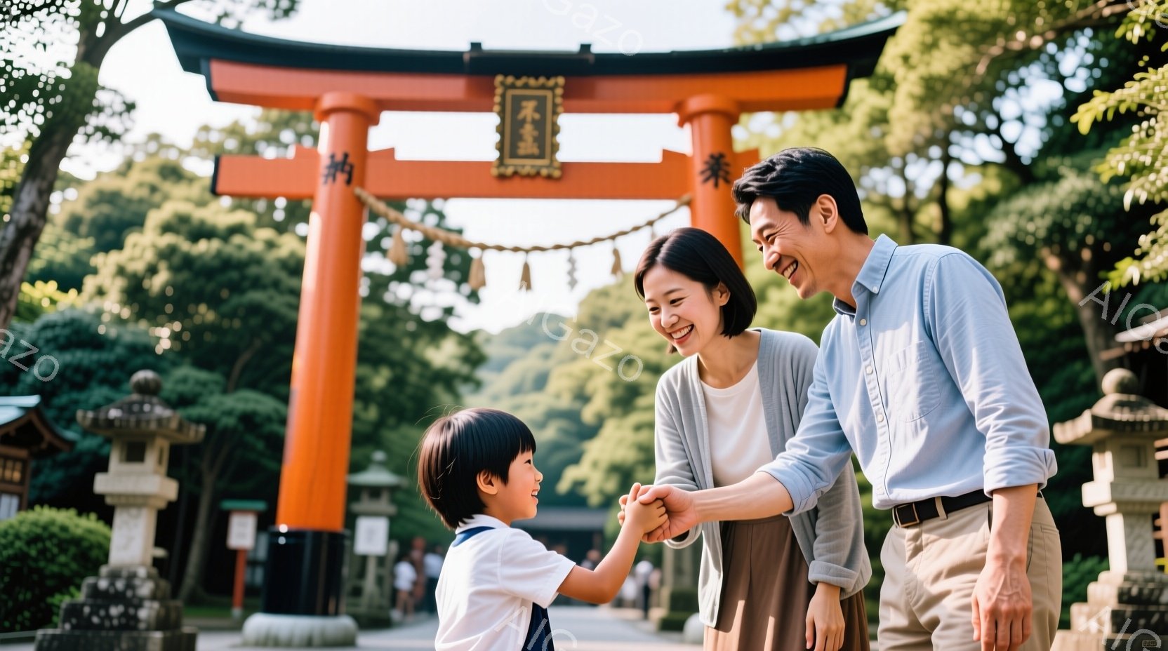 東京の神社の入り口を示すもので、日本人の家族が描かれています。中年男性とその妻と子供たちは笑顔を見せながら手をついて、ある程度親しみのある様子ではありません。背景には日本特有の赤い鳥居があり、その周囲 - AI生成フリー素材