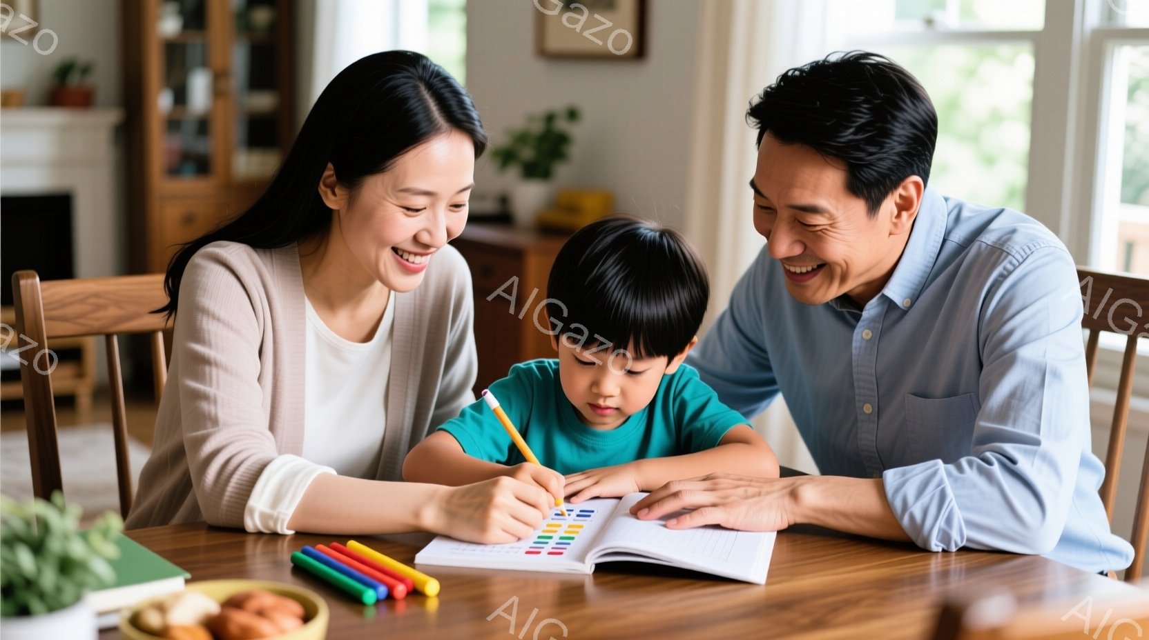 少年はテーブルで色鉛筆を使って何かを描いており、母親と父親が彼を見守っています。母親はベージュ色のセーターを着て笑顔を見せており、父親は水色のシャツを着て優しい表情をしています。背景には木製のキャビネットや植物が見え、暖かく家庭的な雰囲気が漂っています。