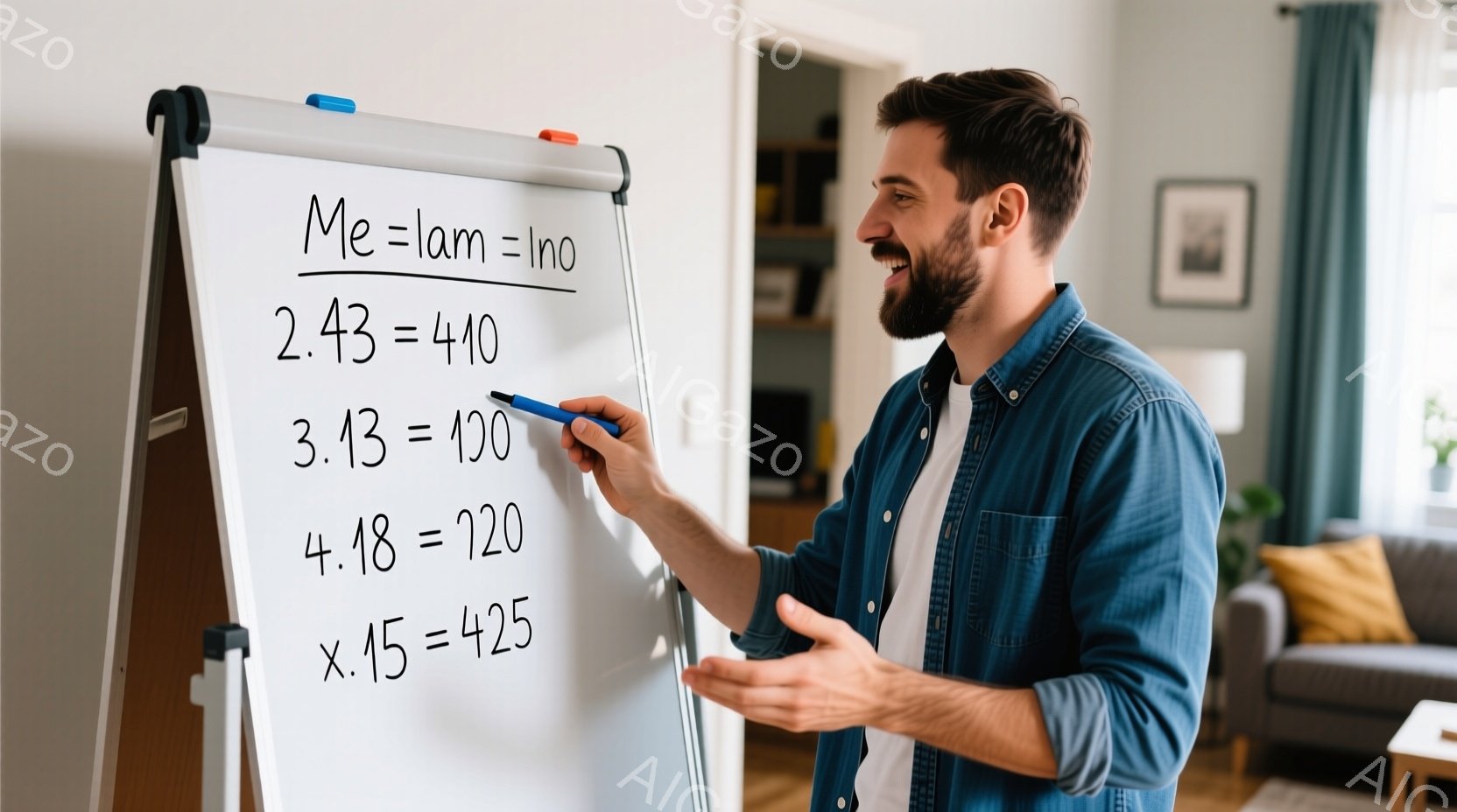 若い男性が白いホワイトボードの前に立っており、ペンで数式を書き込んでいます。彼はデニムシャツを着ており、整ったひげと短い髪型をしており、楽しそうな表情を浮かべています。背景には、ベージュのソファと絵画のある明るいリビングルームがあり、暖かくリラックスした雰囲気を醸し出しています。