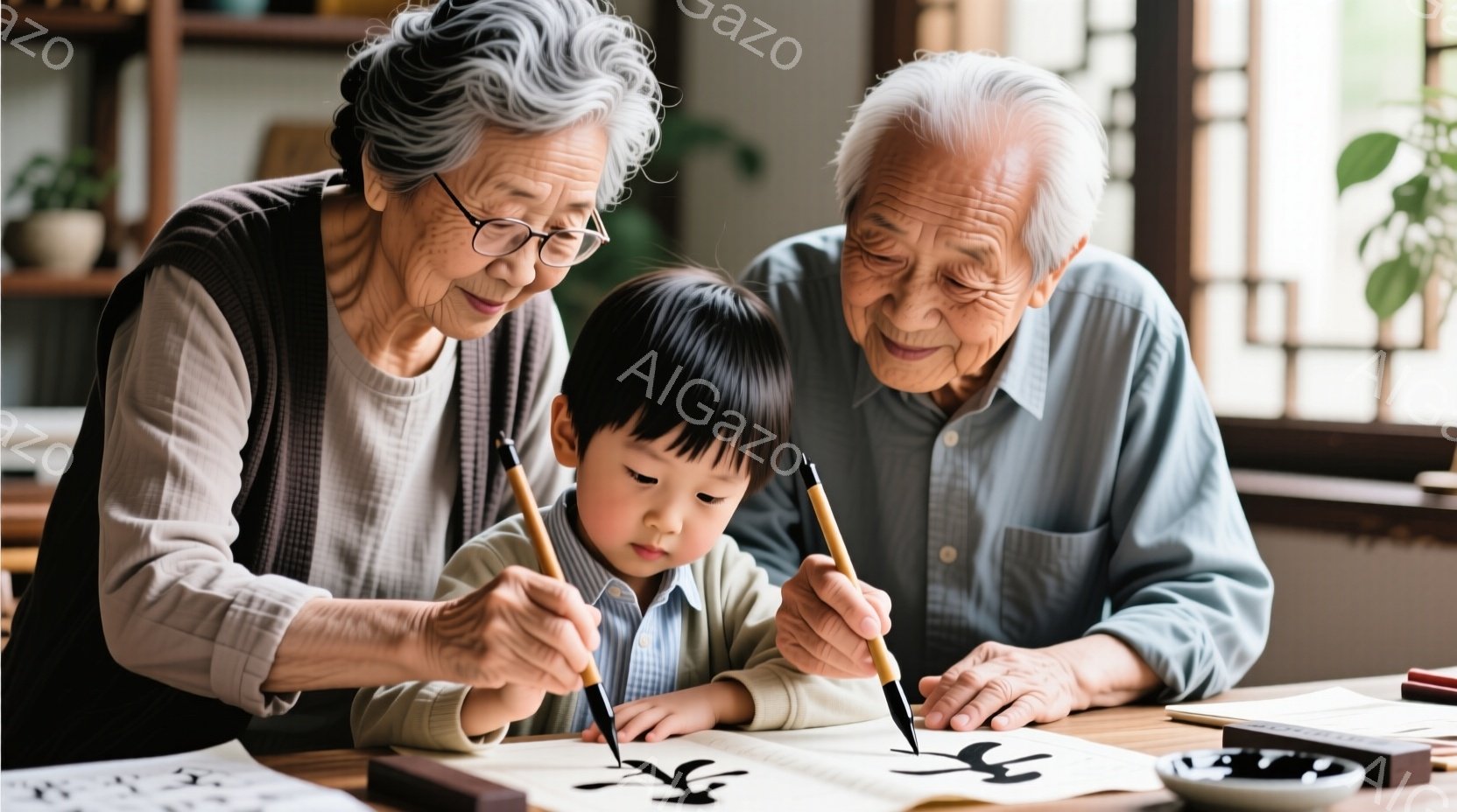 白髪の老婦人と少年が書道を練習しています。老婦人は黒縁メガネをかけ、グレーのベストの上にベージュのシャツを着ています。少年は水色のシャツを着ており、集中した表情で筆を握り、老婦人は優しく指導しています。