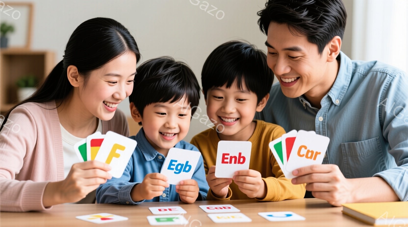 家族四人がテーブルを囲んでカードゲームを楽しんでいる様子が写っている。母親はピンクのセーターを着て、息子たちはそれぞれ青とオレンジのシャツを着て笑顔を見せている。背景には木製の家具が見え、全体的に温かく幸せな雰囲気が漂っている。