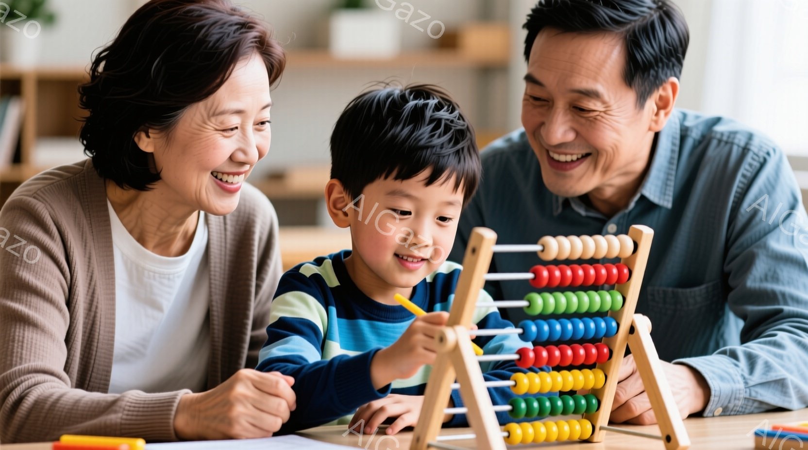 少年はアバカスを使って計算しており、笑顔で黄色いクレヨンを持っています。おばあちゃんとパパは少年の横に座り、優しく見守りながら微笑んでいます。背景は明るいリビングルームで、テーブルの上にはカラフルなク - AI生成フリー素材