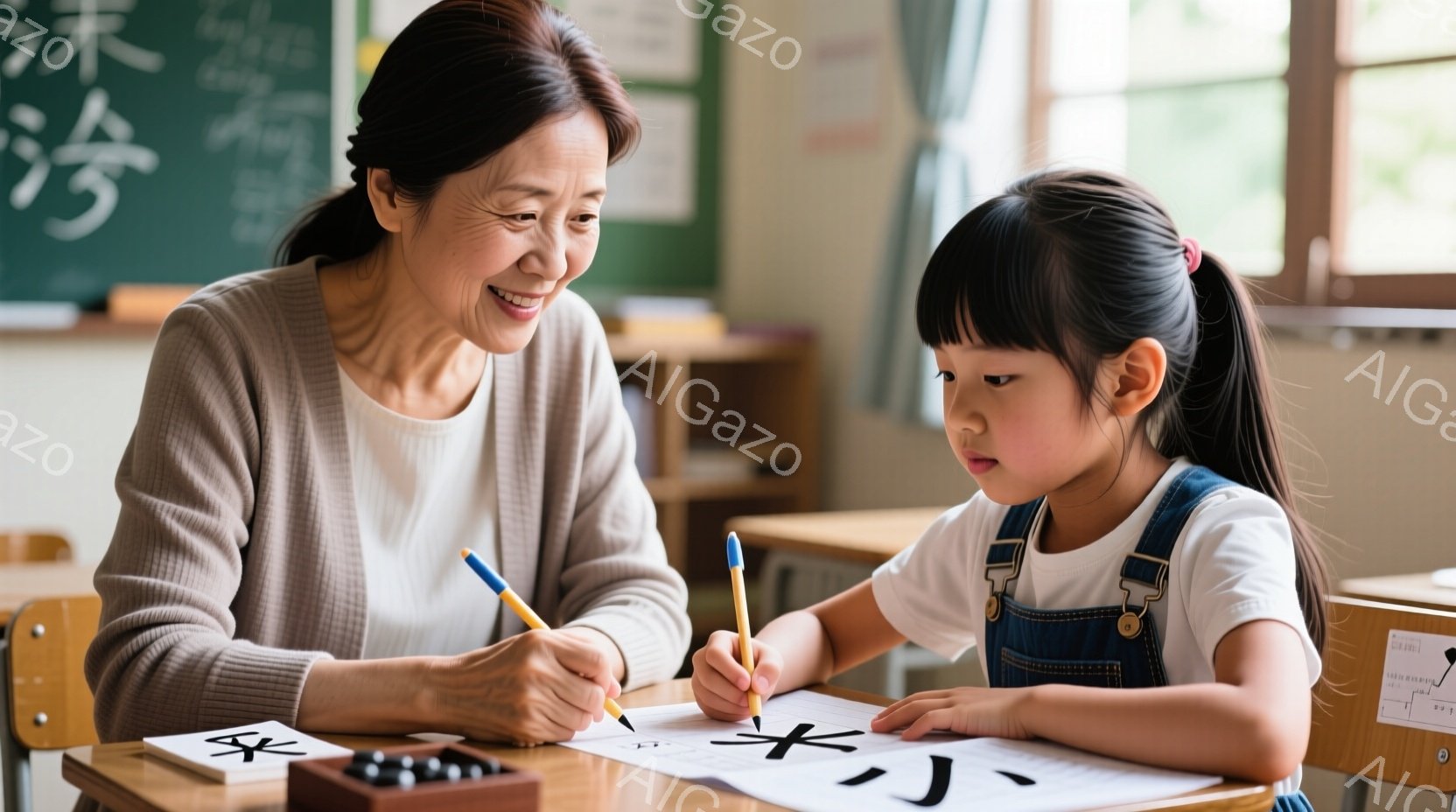 一人の老婦人と小さな女の子が描かれています。老婦人はセーターを着ており、笑顔で女の子に文字の書き方を教えています。女の子はオーバーオールを着て、真剣な表情で文字を練習しており、机の上には文字の練習用紙と墨汁、筆が置かれています。