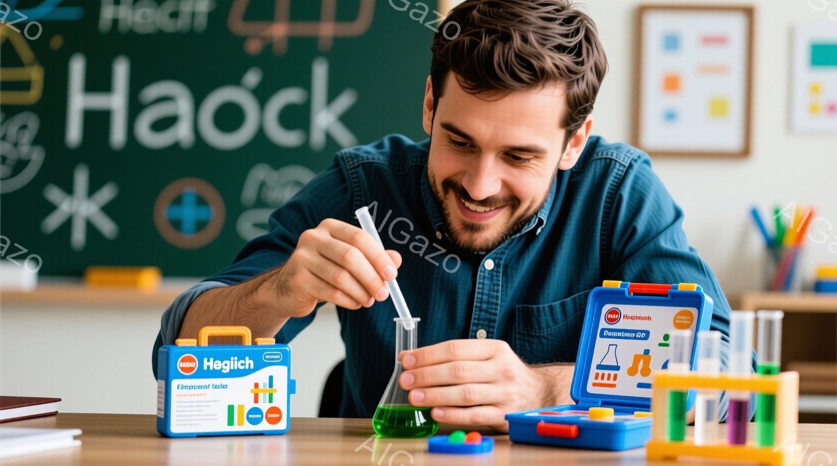 若い男性が実験を行っている様子が写っています。彼は青いシャツを着ており、明るい笑顔を浮かべています。背景には黒板とカラフルな積み木が見え、科学実験の教育的な雰囲気を醸し出しています。