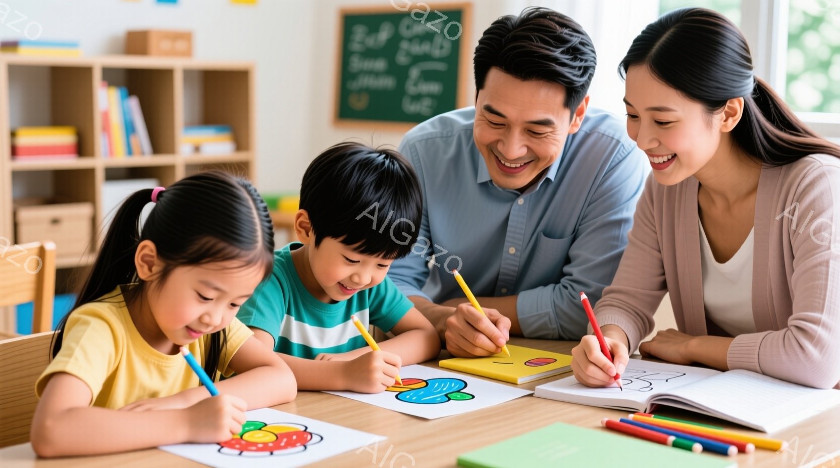 幼い女の子と男の子が、テーブルを囲んで色鉛筆で絵を描いている様子が写っています。女の子は黄色いTシャツで、三つ編みヘアスタイルです。男の子は緑と白のストライプのTシャツを着ており、明るく微笑んでいます。