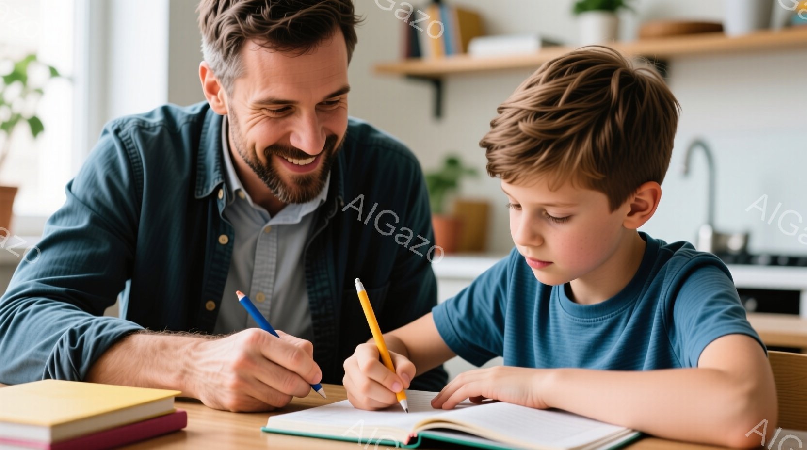 父親と息子が机に向かい、勉強している様子が写っています。父親は薄いブルーのシャツにネイビーのカーディガンを着ており、息子は青いTシャツを着ています。背景には本棚と植物が見え、明るく温かい家庭的な雰囲気 - AI生成フリー素材
