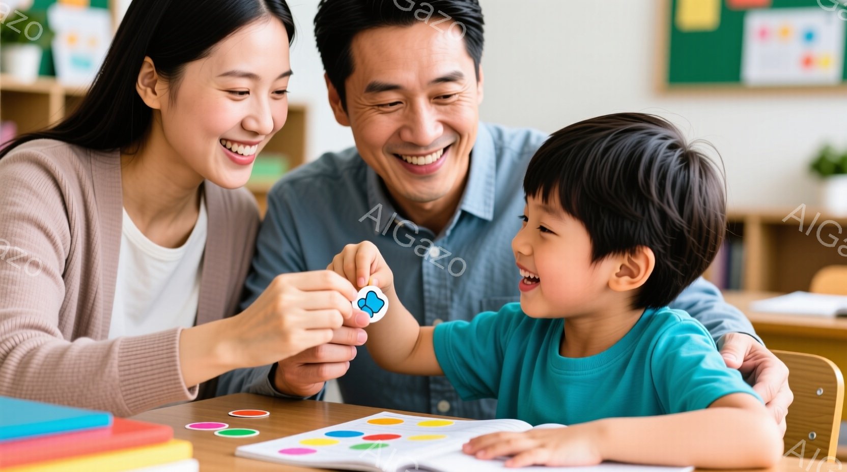 幼い男の子と女性がテーブルを挟んで向き合い、ステッカーを貼る活動を楽しんでいます。女性はベージュのニットを着ており、微笑みながら男の子にステッカーを手渡しています。背景にはカラフルな画材や、何らかの掲示物が見え、明るく温かい雰囲気です。