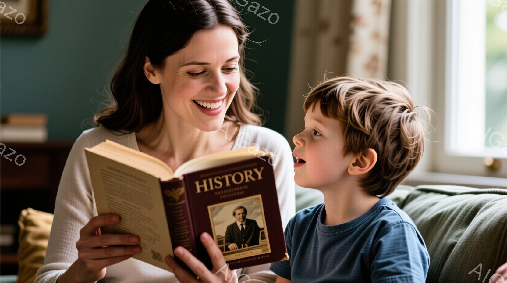 母親と息子がソファーに座り、歴史の本を一緒に読んでいる様子が写っています。母親は明るい色のセーターを着て微笑んでおり、本に視線を落としています。息子は青いシャツを着て口を開けており、本の内容に興味津々な表情をしています。