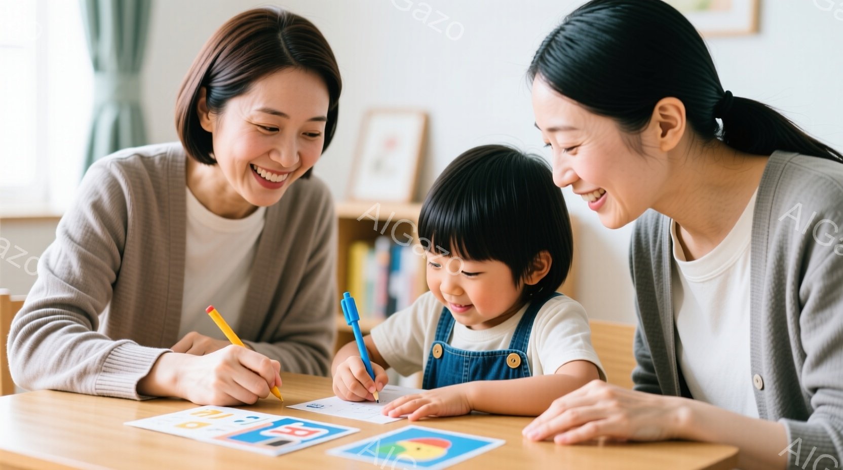 明るい室内で、母親と幼い娘がテーブルを囲んで何かを描いている様子が写っています。母親はベージュ色のセーターを着て笑顔で娘を見つめ、娘はデニムのオーバーオール姿で青いペンを手に楽しそうに描いています。テーブルの上にはカラフルなイラストが並び、温かく穏やかな家庭の雰囲気が伝わってきます。