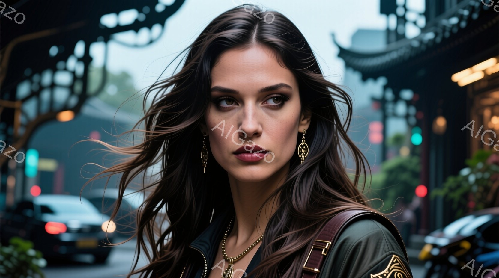 長いダークブラウンのウェーブヘアが風になびき、オリーブグリーンのミリタリージャケットを羽織った女性が写っている。彼女は赤い口紅をつけ、強い眼差しでカメラを見つめ、自信に満ちた表情をしている。背景には、 - AI生成フリー素材