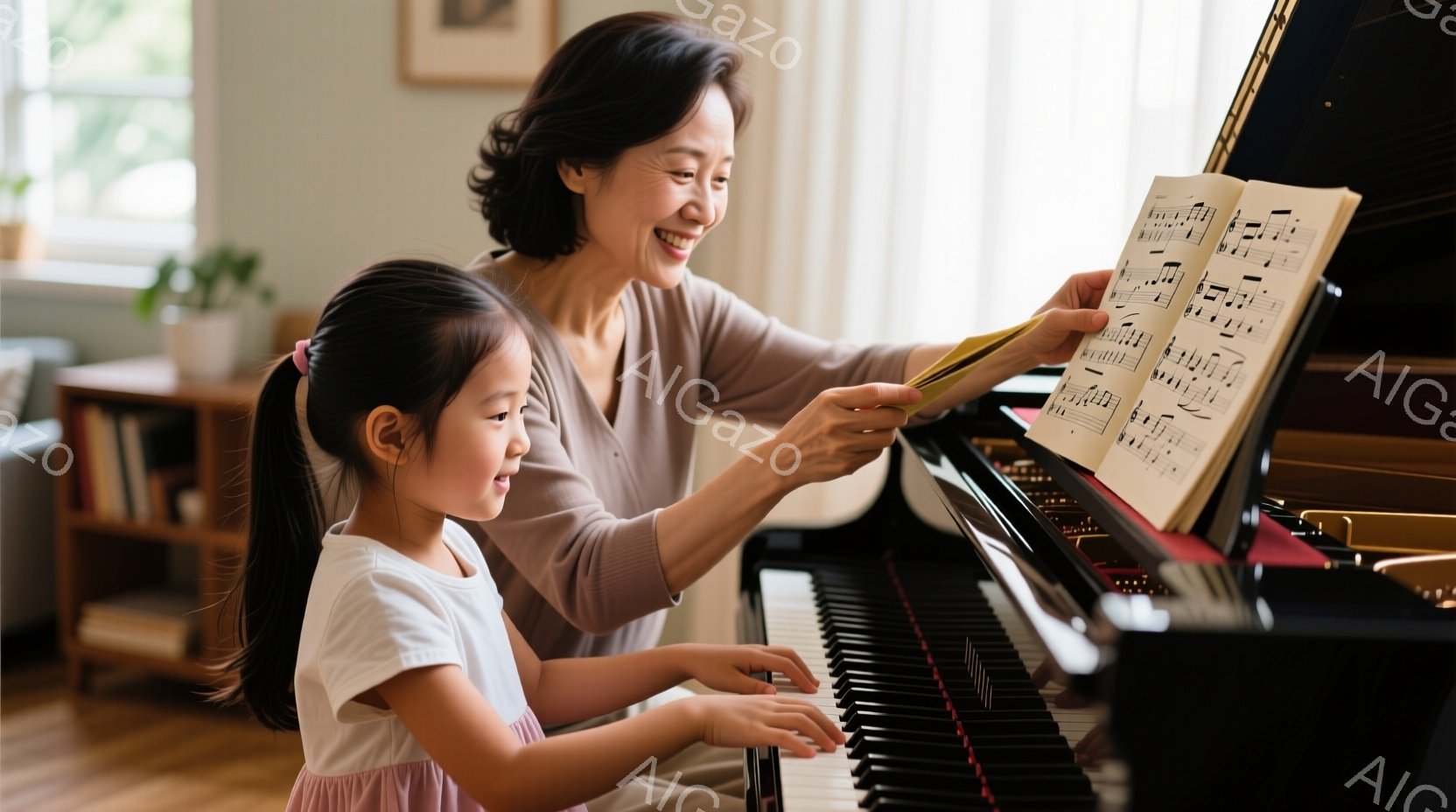 小さな女の子がピアノを弾き、年配の女性が楽譜を見ながら彼女に指示している様子が写っています。女の子はピンク色のスカートと白いTシャツを着ており、髪はポニーテールに結ばれています。背景には、本棚や植物が見える明るいリビングルームで、暖かく穏やかな雰囲気が漂っています。