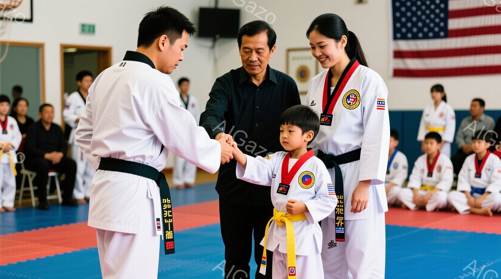 武道場と思われる室内で、幼い少年が黒帯の男性と握手しています。少年は黄色い帯をしており、武道の制服を着ています。背景には同じ制服を着た他の生徒たちが座っており、厳かで、尊敬の念に満ちた雰囲気が漂っています。