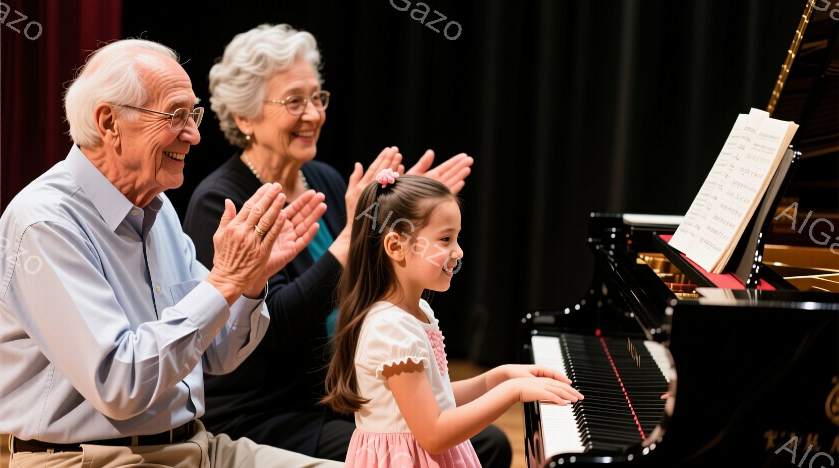 少女がピアノを弾いており、年配の夫婦が彼女の演奏を拍手で讃えています。少女はピンクと白のドレスを着ており、髪は後ろで結ばれています。夫婦はそれぞれブルーのシャツと黒いズボン/スカートを着用し、笑顔で少女を見守っています。
