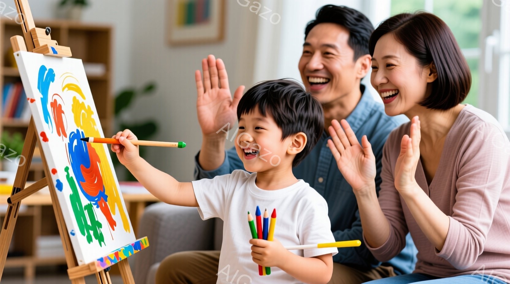 幼い男の子がイーゼルに向かって絵を描いており、カラフルなクレヨンを手に持っています。彼は白いTシャツを着ており、満面の笑みを浮かべています。背景には、拍手をしている両親がいて、リビングルームの穏やかで温かい雰囲気が漂っています。