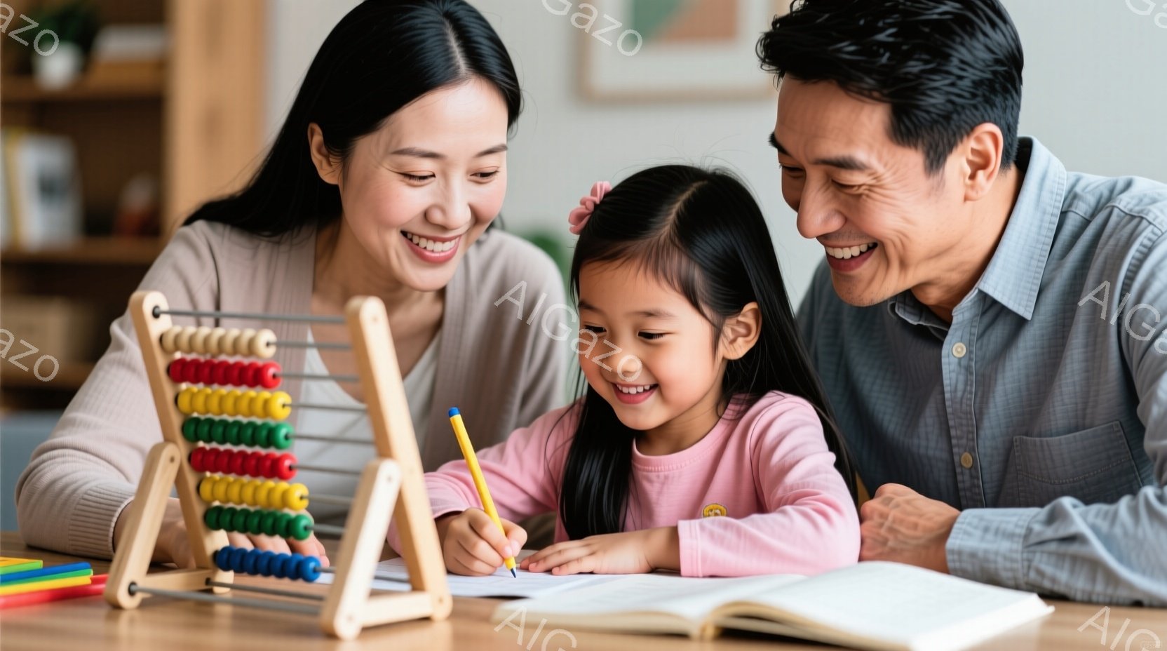 幼い女の子がテーブルで鉛筆を使って何かを書き、母親と父親が笑顔で見守っている様子が写っている。母親は明るいベージュ色のセーターを着ており、髪は後ろでまとめてある。背景には本棚と柔らかな光が差し込む室内 - AI生成フリー素材