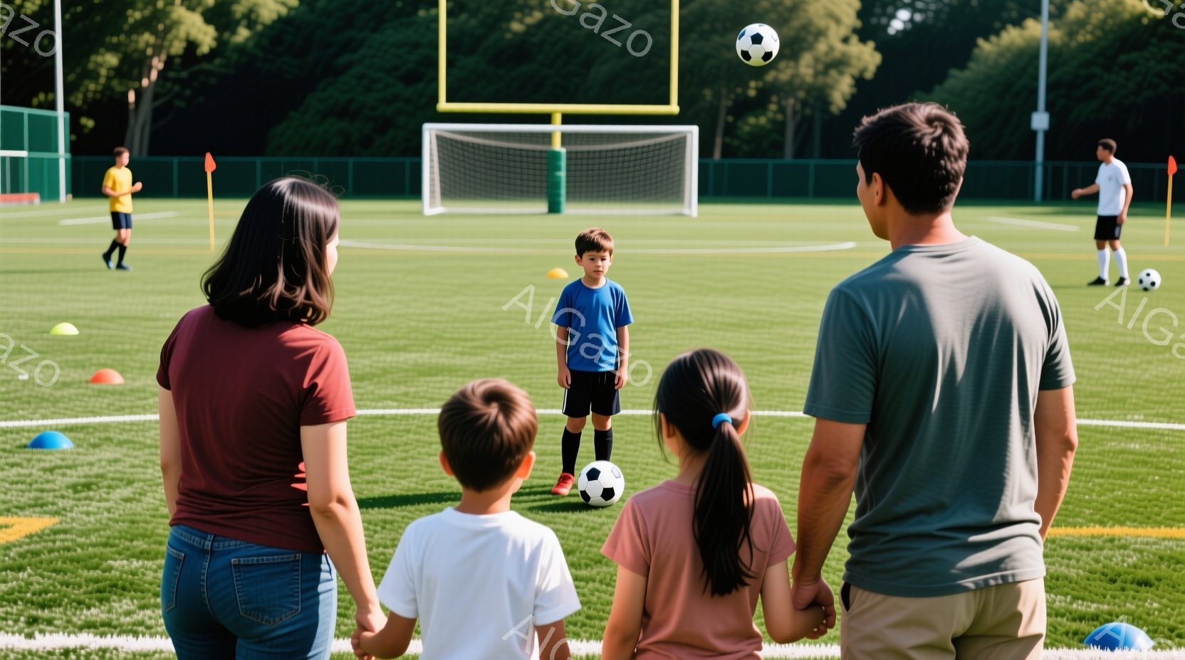 広々とした緑のサッカー場で、少年がボールを見つめて立っている。彼の背後には、手を繋いだ幼い弟妹と、それを見守る両親がおり、家族の温かい雰囲気が感じられる。背景にはサッカーゴールと、練習用のコーン、そして青空と緑豊かな木々が広がり、晴れた日の屋外活動に最適な環境を示している。