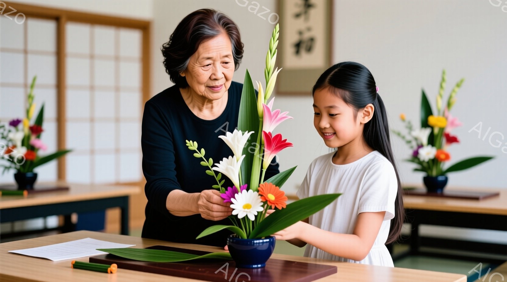 室内で、おばあちゃんとお孫娘が花を生けている様子が描かれています。おばあちゃんは黒いシャツを着ており、孫娘は白いワンピースを着て、笑顔で花に集中しています。背景には、他の花が飾られたテーブルと、書道のような文字が書かれた掛け軸があり、穏やかで温かい雰囲気が漂っています。