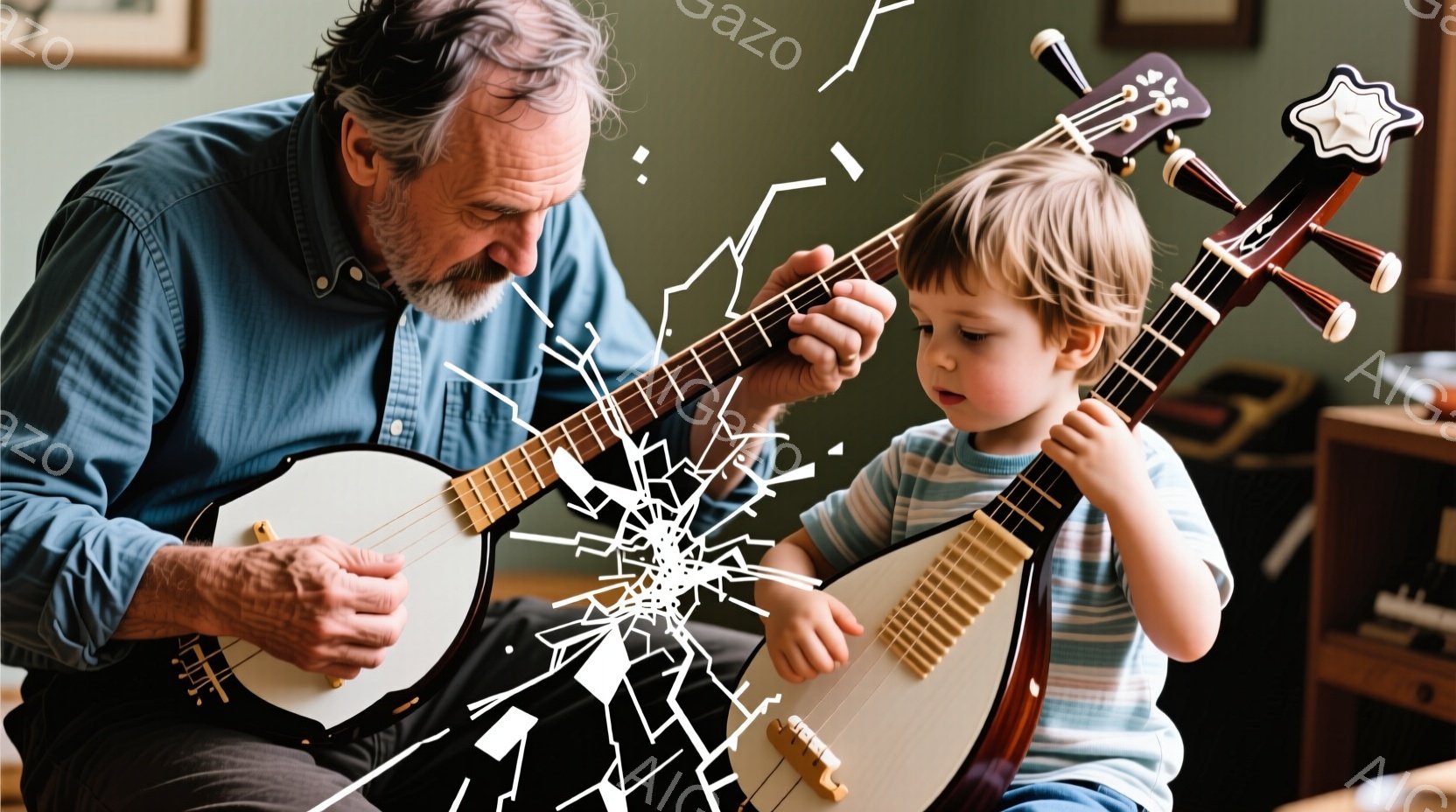 白髪でひげを生やした男性と小さな男の子が、バンジョーを演奏している様子が写っています。男性はデニムシャツを着ており、真剣な表情でバンジョーの弦を弾いています。男の子は青いシャツを着て、バンジョーの弦を - AI生成フリー素材