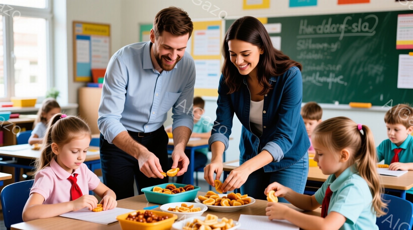 幼稚園または小学校の教室で、男性と女性の教師が子供たちと何かを分かち合っている様子が写っています。男性は青いシャツを着ており、女性はジーンズジャケットを着ていて、二人とも笑顔で子供たちに何かを分けてい - AI生成フリー素材