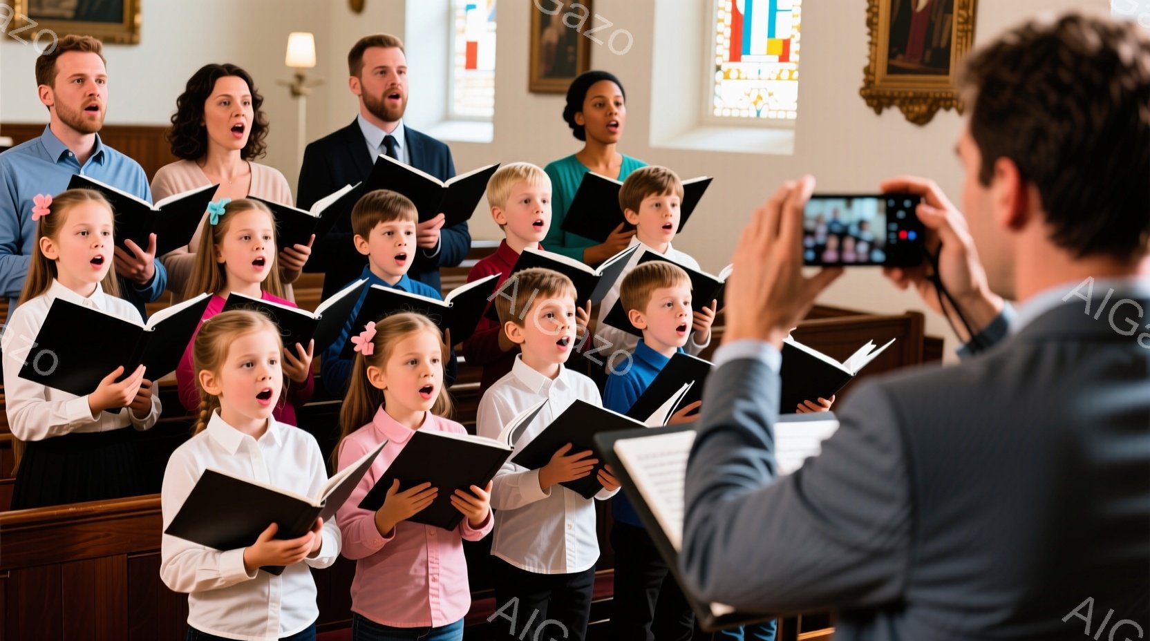 教会の聖歌隊が歌っているシーンを描いています。聖歌隊は児童たちで構成され、彼らは誰もが朗らかに歌っており、聴衆の一人はその様子をスマートフォンで撮影しています。礼拝中の服装を着た人々が集中的に集まっており、聖歌隊の指揮者が一方のキャノピーから注意深く聴いています。 全体として、穏やかな雰囲気を有し、音楽による心の安らぎが感じられます。