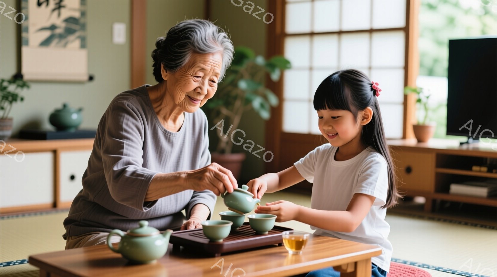 白髪の祖母が、畳の部屋で若い女の子に抹茶を注いでいる様子が写っています。祖母はグレーのシャツを着ており、優しい笑顔を浮かべています。女の子は白いTシャツを着て髪を後ろで結び、嬉しそうに抹茶を受け取ろうとしています。