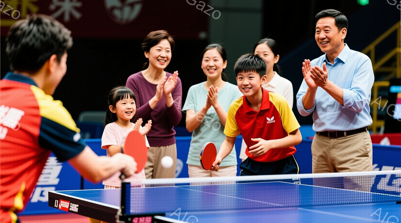 卓球台を挟んで、一人の男性が卓球のラケットでボールを打とうとしている場面です。背景には、応援する女性と少年が笑顔で手を叩いており、活気に満ちた雰囲気です。卓球台と観客席の奥には、ぼやけた背景が見え、屋内競技場であることがわかります。