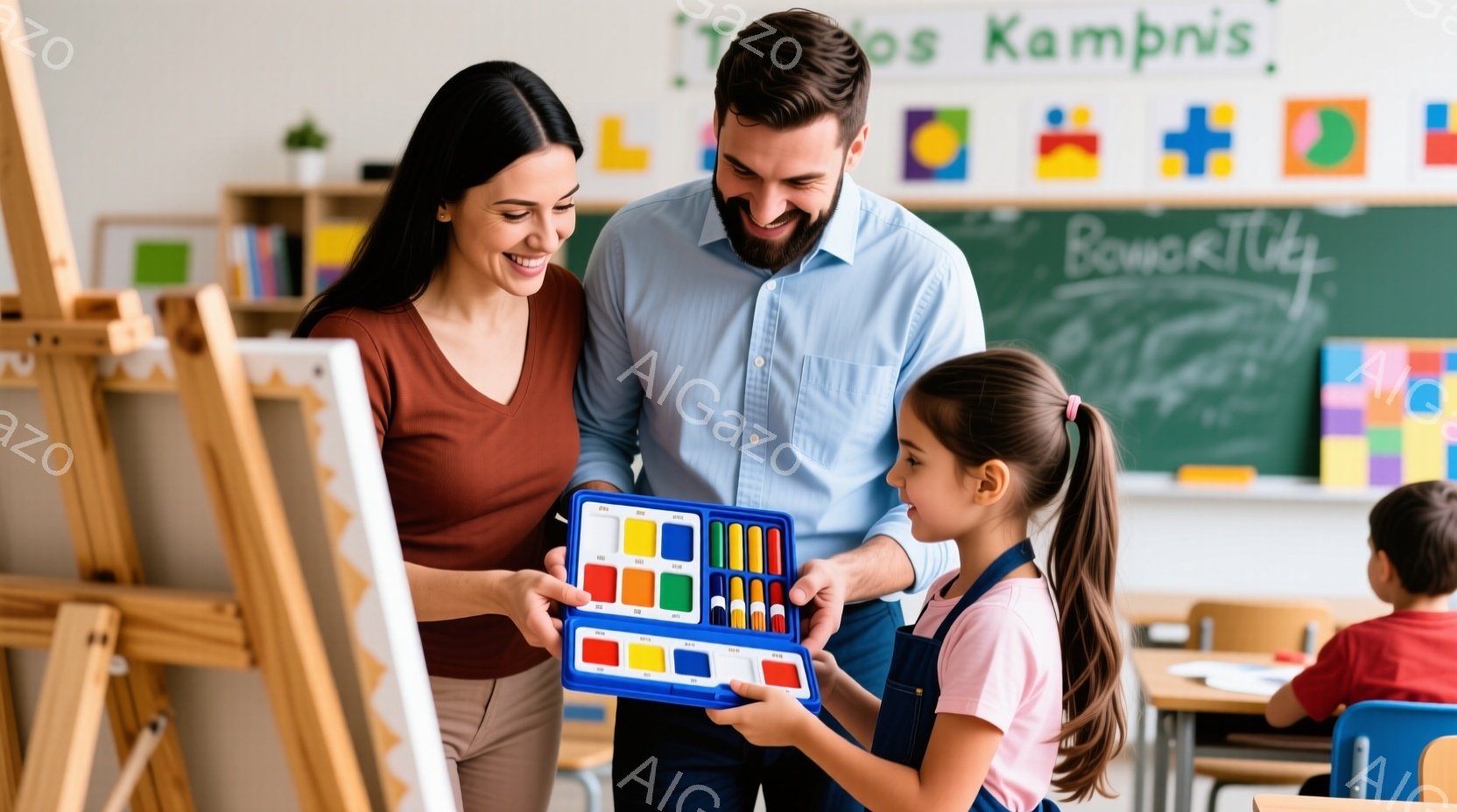 少女と女性教師が、絵の具のパレットを見ながら微笑んでいます。少女はピンクの髪飾りをつけ、青いドレスとネイビーのズボンを着用し、教師は茶色のズボンと白いシャツを着ています。教室の背景にはイーゼルや子供たちの絵が飾られ、明るく活気のある雰囲気が漂っています。