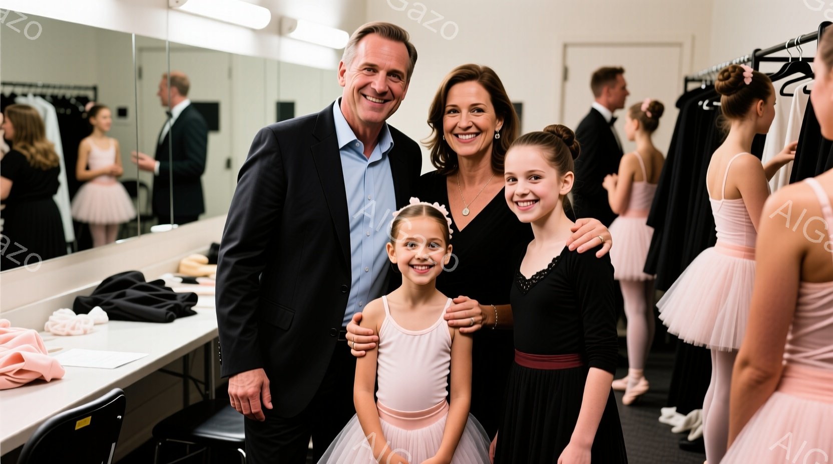 舞台袖で、笑顔の男性と女性が、バレリーナの衣装を着た若い女の子二人と写っている。男性は黒のスーツに薄いブルーのシャツを着ており、女性は黒のトップスとジーンズを着ている。背景には、他のバレリーナたちが練習着姿で準備をしている様子がぼやけて写っており、舞台の舞台裏であることがわかる。