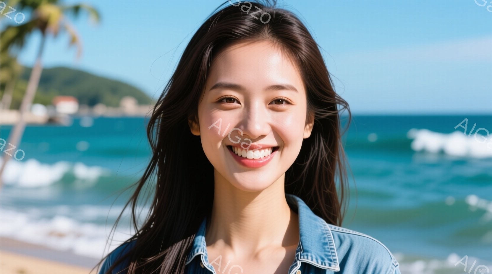 長い黒髪を風になびかせ、明るい笑顔を見せる若い女性が写っています。彼女はデニムジャケットを着ており、背景には青い海と白い波、そして緑の丘が見えます。晴れた日のビーチで、リラックスした、爽やかな雰囲気が - AI生成フリー素材